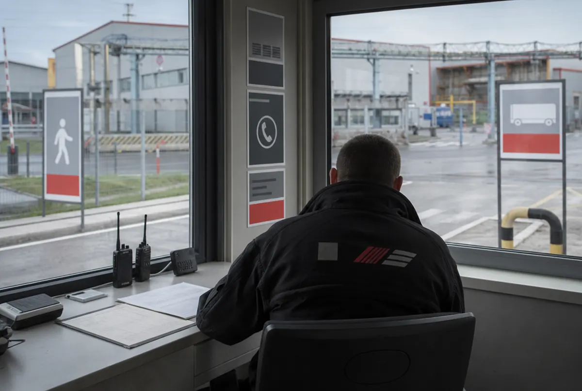 Portiernia obiektu z tabliczkami i ochroniarzem w kurtce z nadrukiem