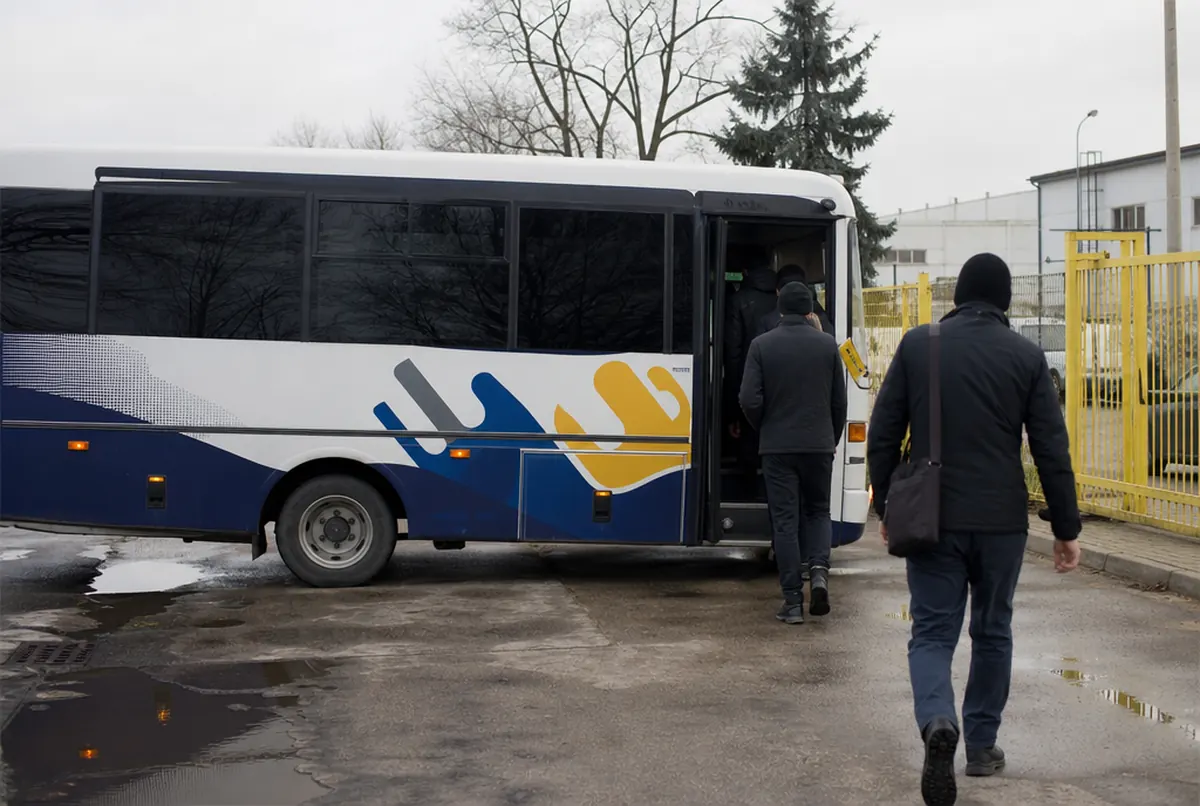 Oklejony bus agencji pracy dowożący pracowników pod zakład