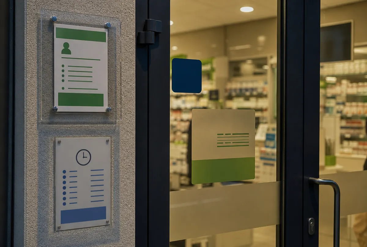 Tabliczka z godzinami otwarcia i kieszeń z plexi na informację o dyżurach