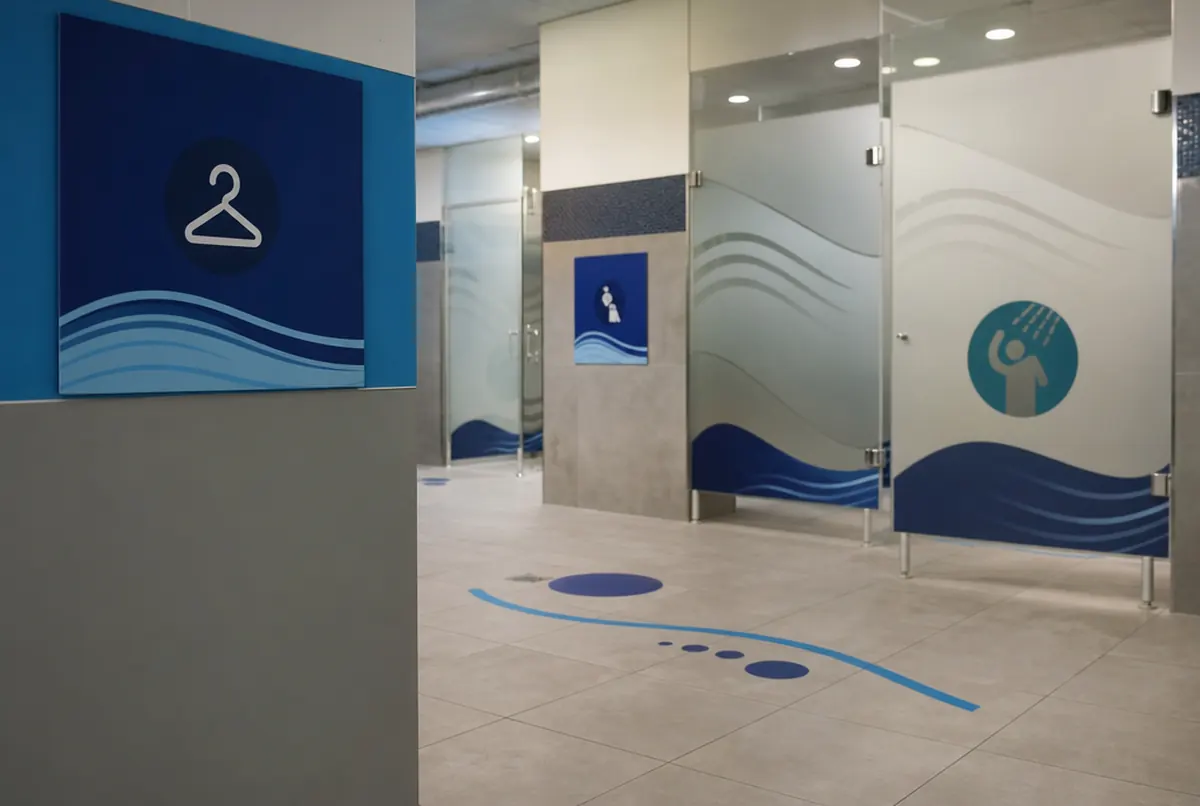 Szatnie pływalni z oznaczeniami, folią mrożoną i grafiką podłogową