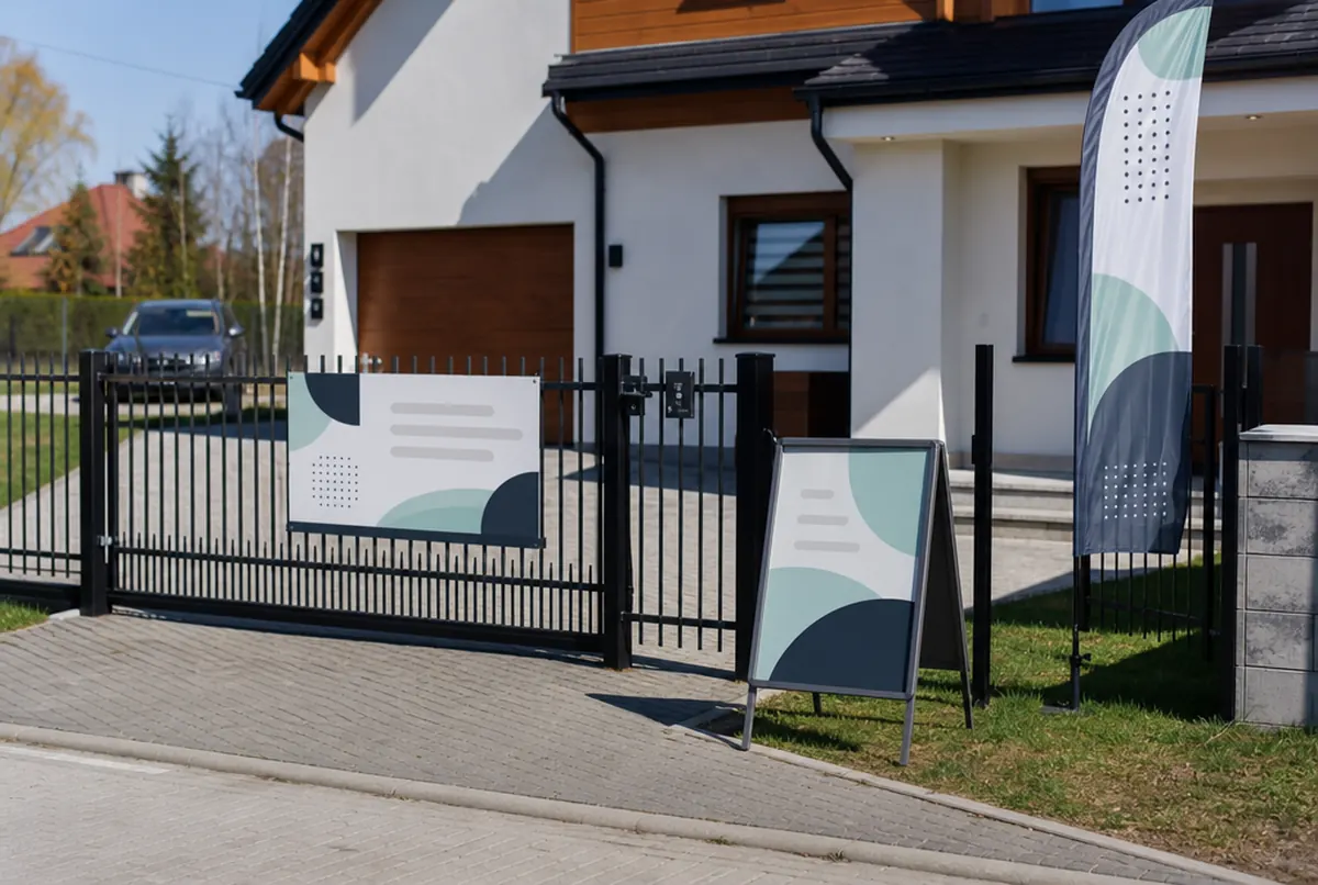 Tablica na ogrodzeniu domu i beachflaga przy prezentacji nieruchomości