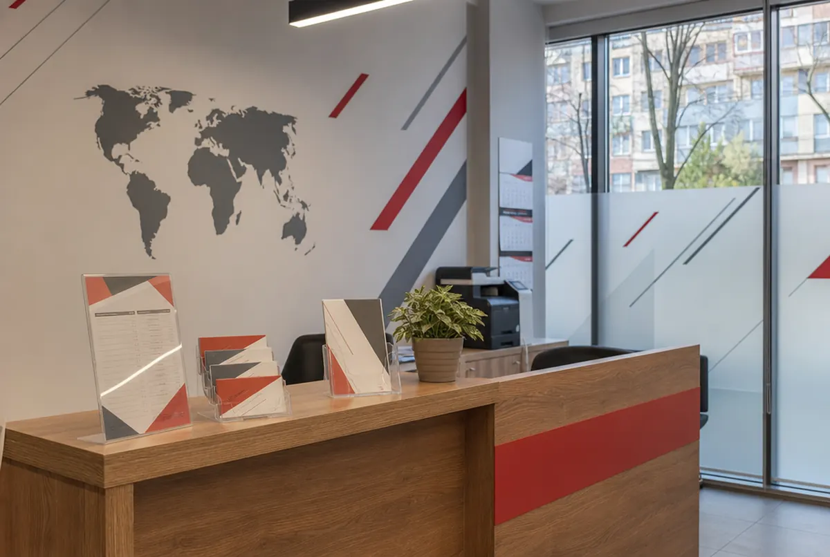 Biuro tłumaczeń z grafiką mapy świata i prezenterem z plexi