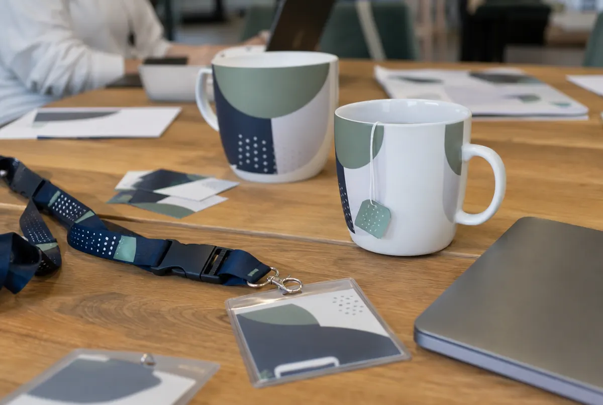 Kubki, smycze i identyfikatory na karty dostępu w coworkingu