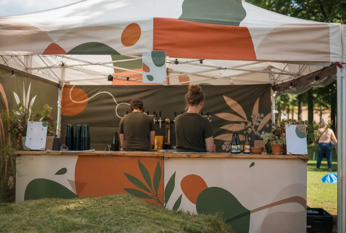 Stoisko browaru na festiwalu z namiotem, ladą i ścianką