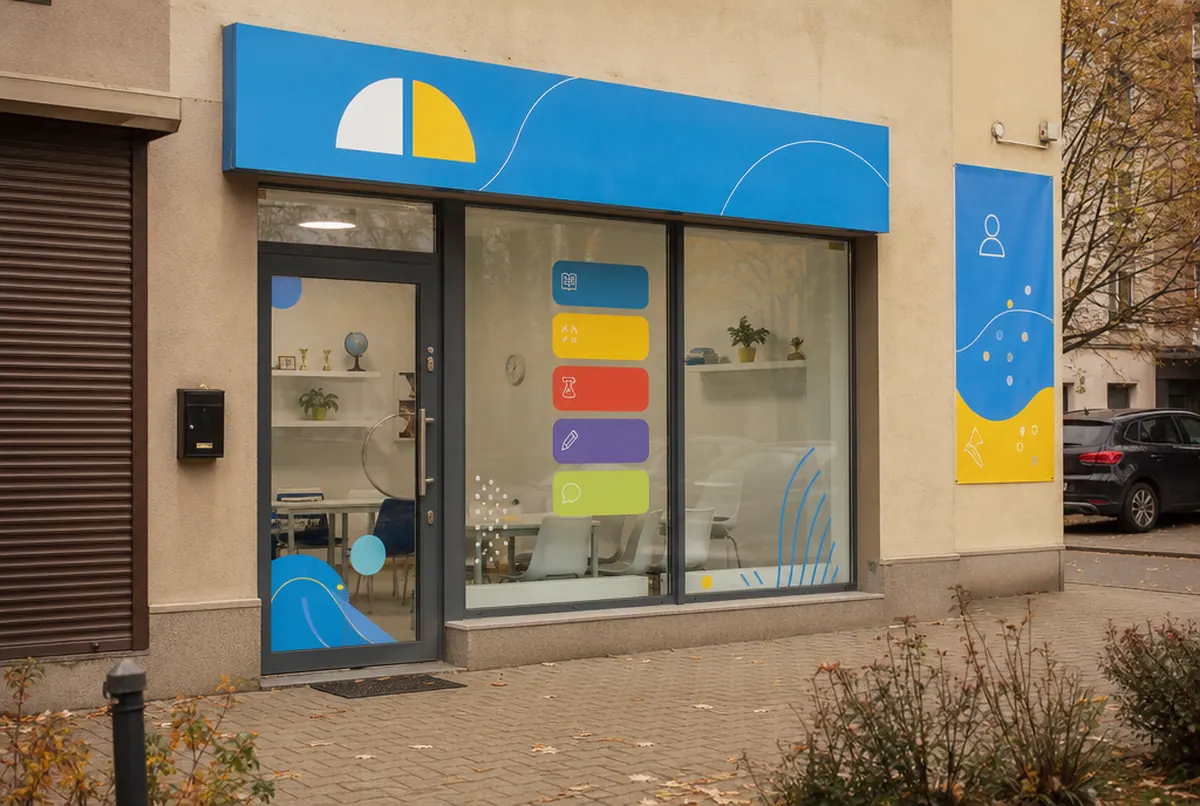 Lokal centrum edukacyjnego z szyldem i witryną z przedmiotami