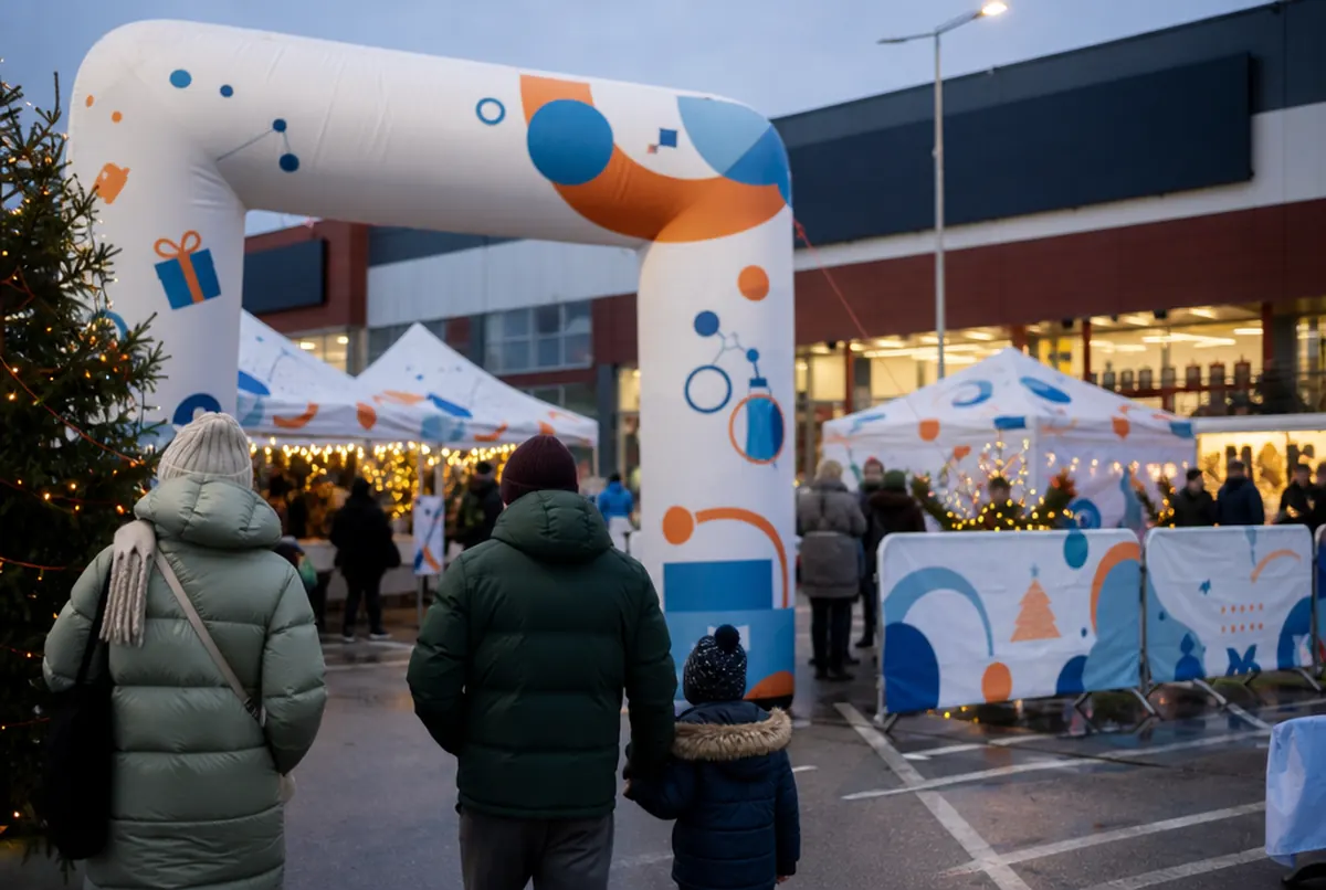 Jarmark przed parkiem handlowym z namiotami i bramą pneumatyczną