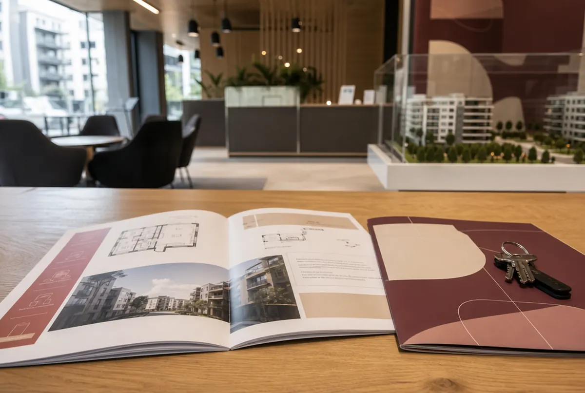 Katalog inwestycji z rzutami mieszkań i teczka ofertowa na biurku