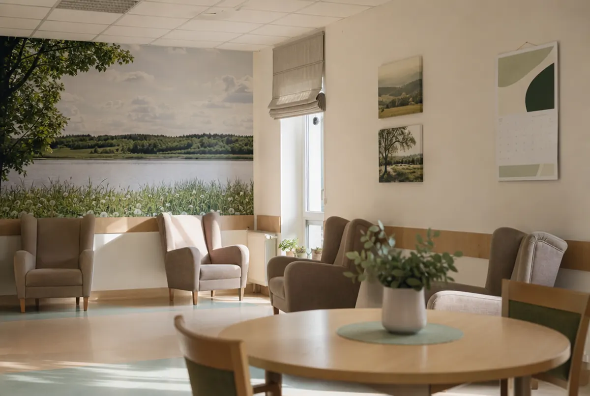 Świetlica domu opieki z fototapetą krajobrazu i dużym kalendarzem