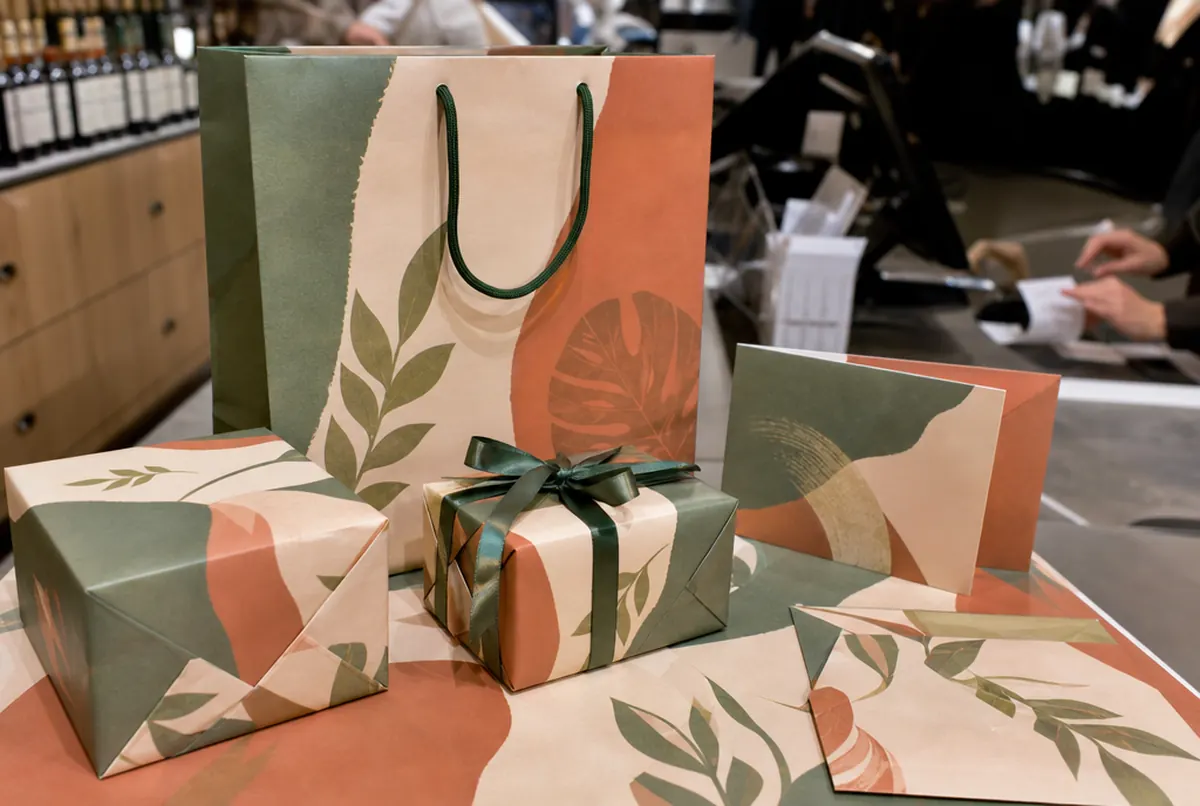 Papier do pakowania prezentów, torba i karty podarunkowe perfumerii
