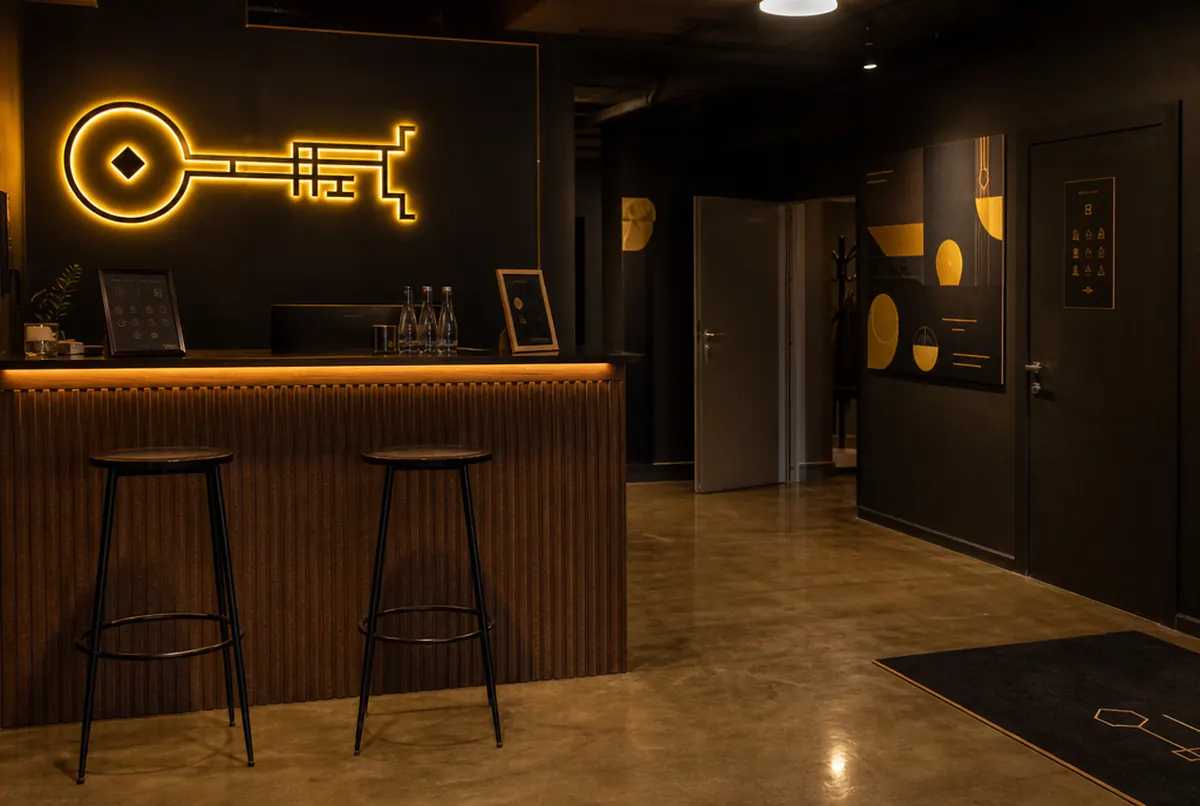 Poczekalnia escape roomu z neonem LED i regulaminem przed pokojem