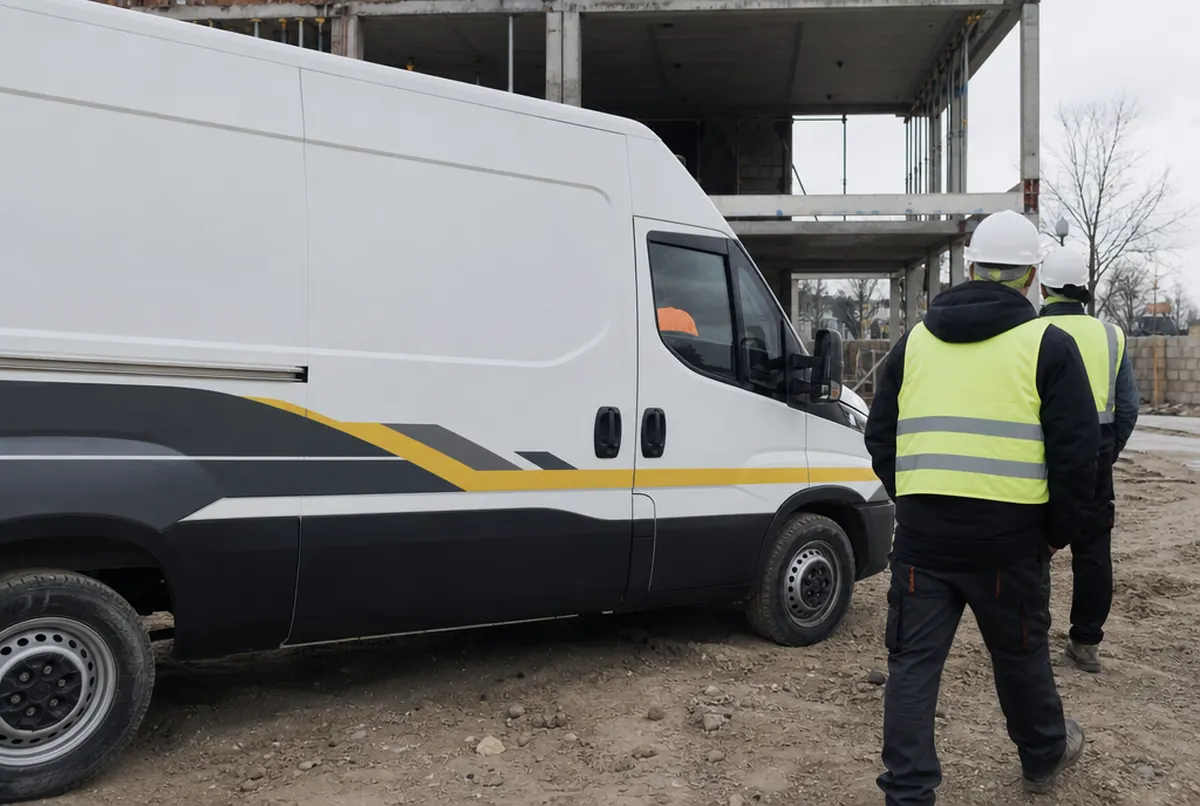 Oklejony bus firmy budowlanej przy budowie z ekipą w odzieży z logo