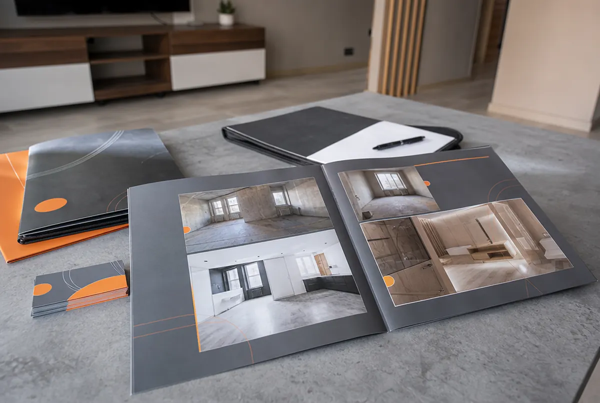 Katalog realizacji przed i po, teczka na wycenę i wizytówki