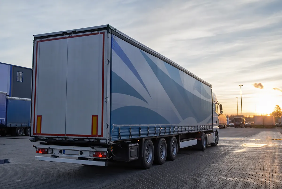 Naczepa z nadrukiem na plandece w barwach firmy transportowej