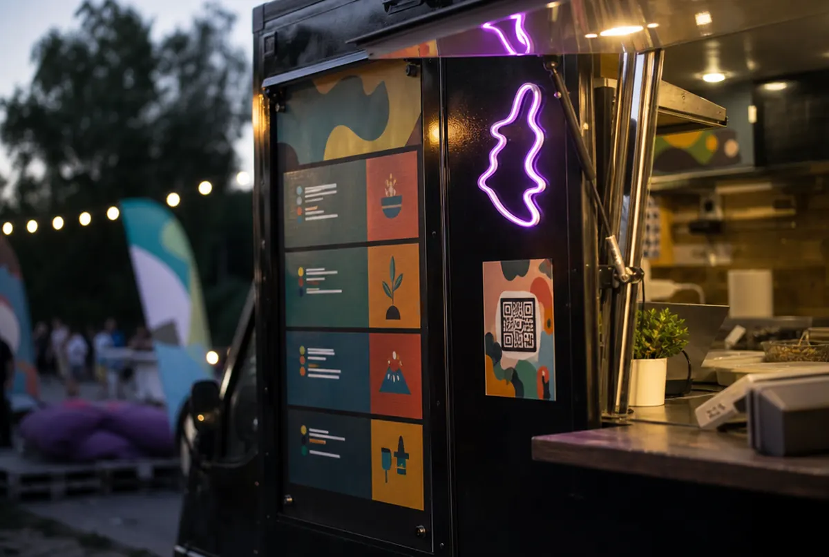 Okienko food trucka z tablicą menu i neonem LED