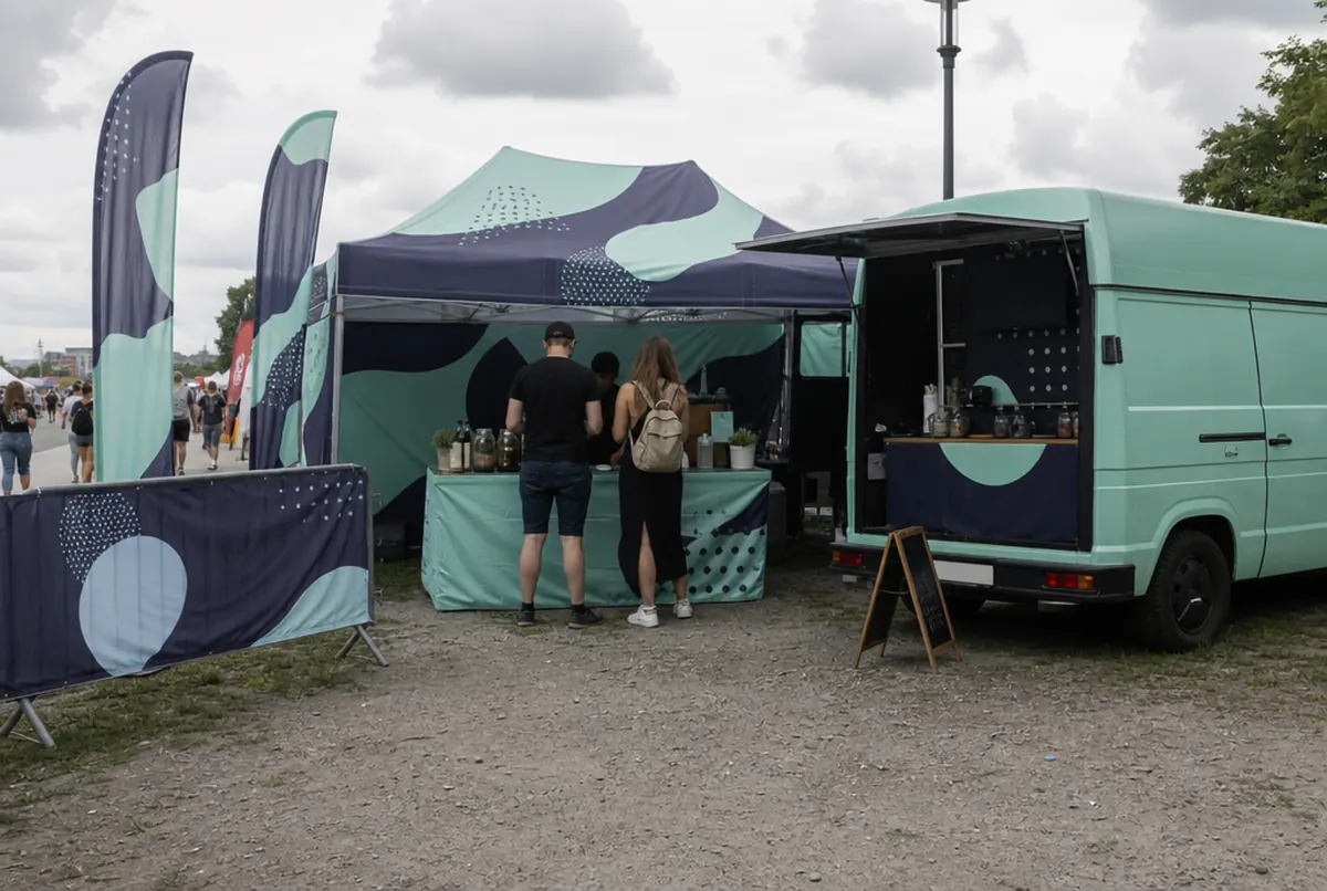 Stoisko food trucka na zlocie z namiotem, obrusem i beachflagami