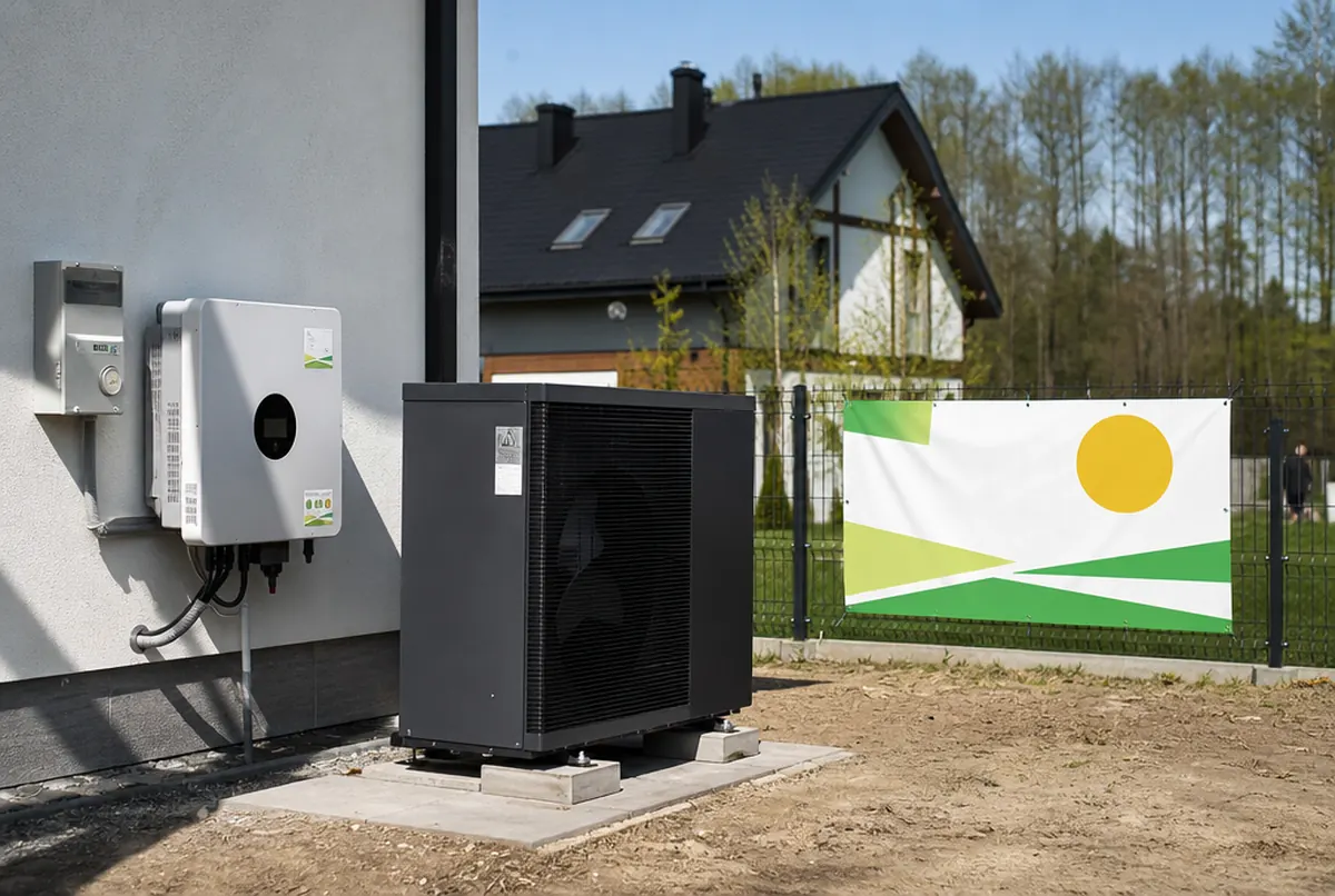 Pompa ciepła z naklejką serwisową i baner instalatora na płocie klienta