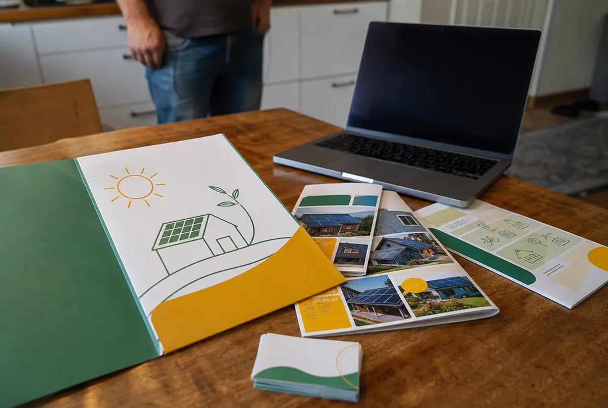 Teczka ofertowa, katalog realizacji i ulotki handlowca fotowoltaiki na stole