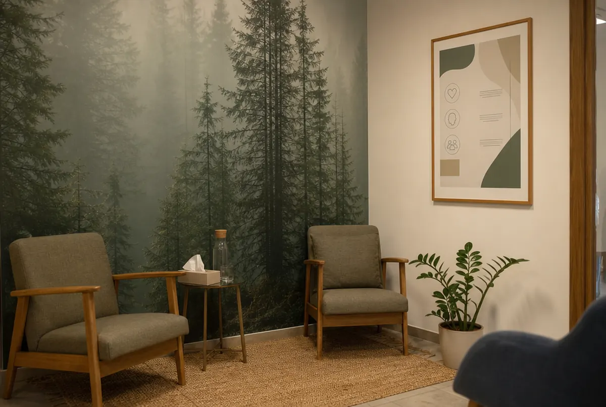 Poczekalnia gabinetu psychologicznego z fototapetą z naturą i plakatem informacyjnym