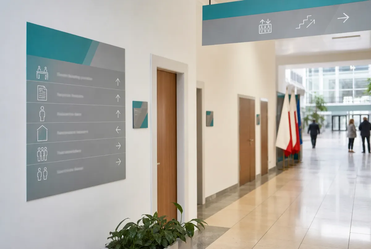 Hol urzędu gminy z tablicą kierunkową i tabliczkami na drzwiach