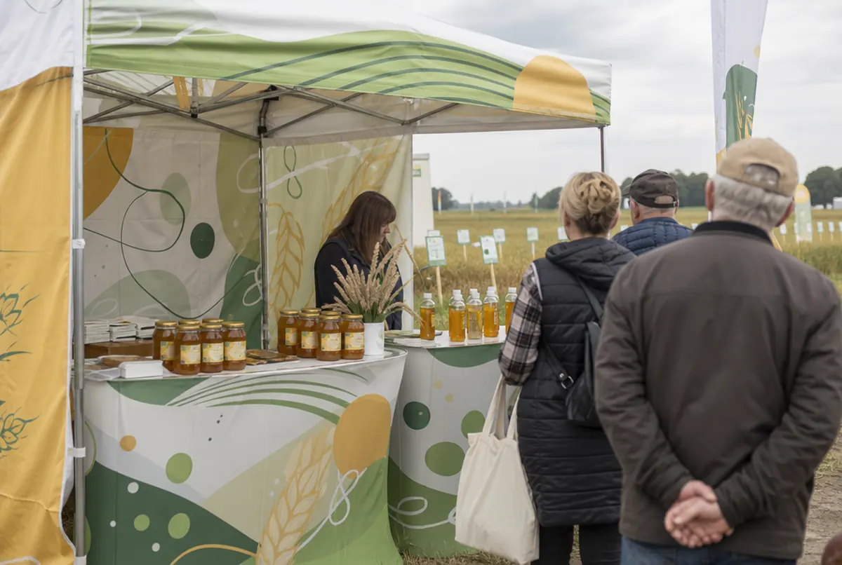 Stoisko gospodarstwa na jarmarku z namiotem i ladą promocyjną