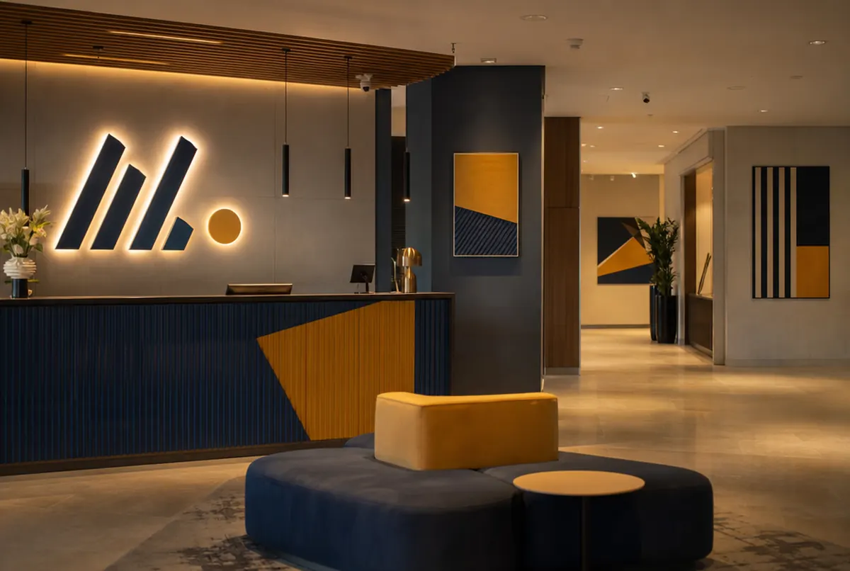 Recepcja hotelu z przestrzennym logo za ladą i obrazami w lobby
