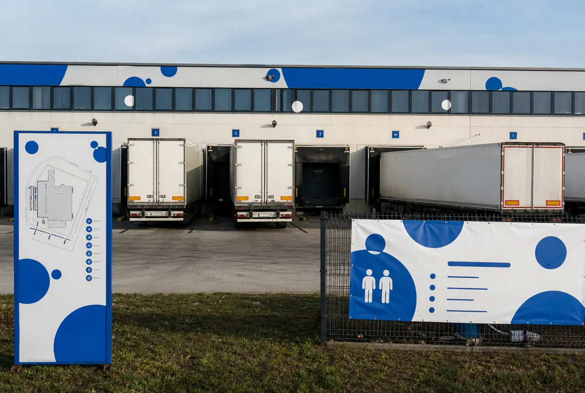 Rampa hurtowni z tablicą dla dostawców i banerem na ogrodzeniu