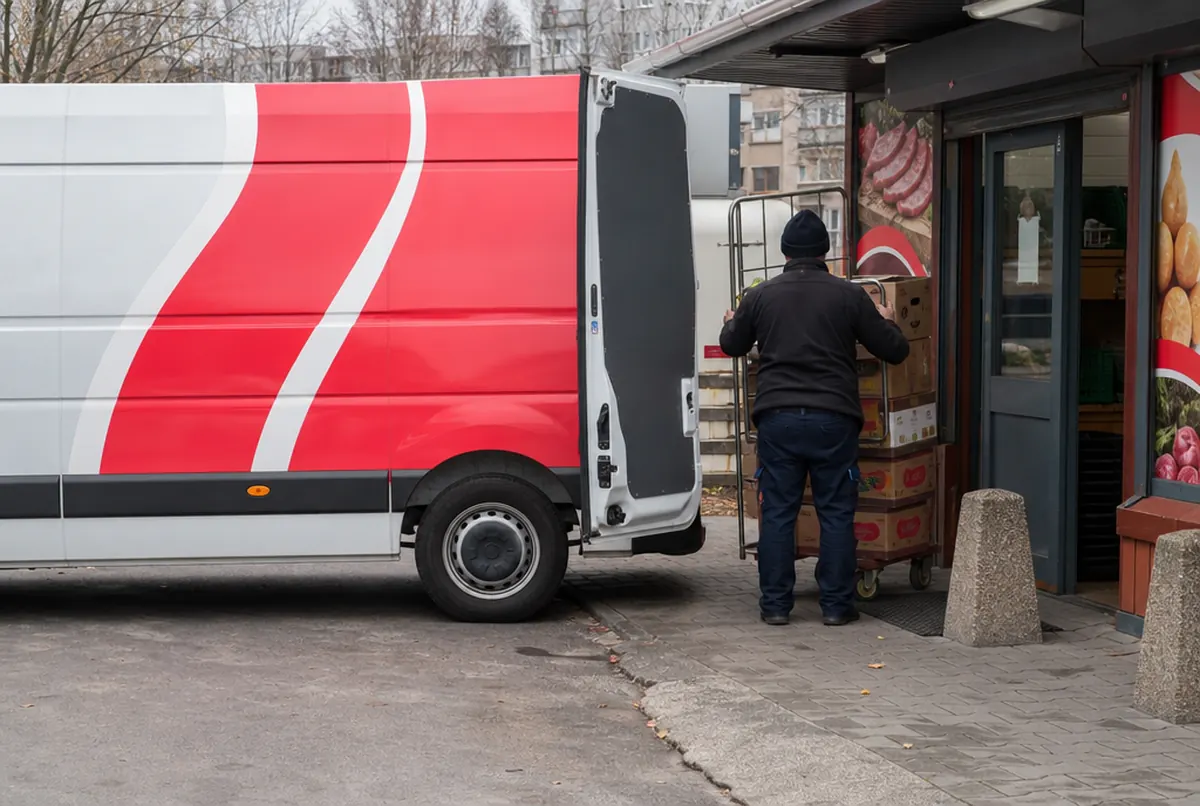 Oklejony samochód dostawczy hurtowni spożywczej podczas rozładunku pod sklepem