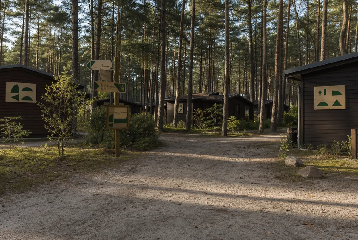 Leśne alejki kempingu z kierunkowskazami i numerami na drewnianych domkach