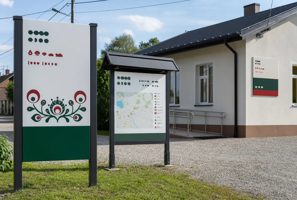 Witacz wsi, tablica z mapą i tablica o dofinansowaniu świetlicy