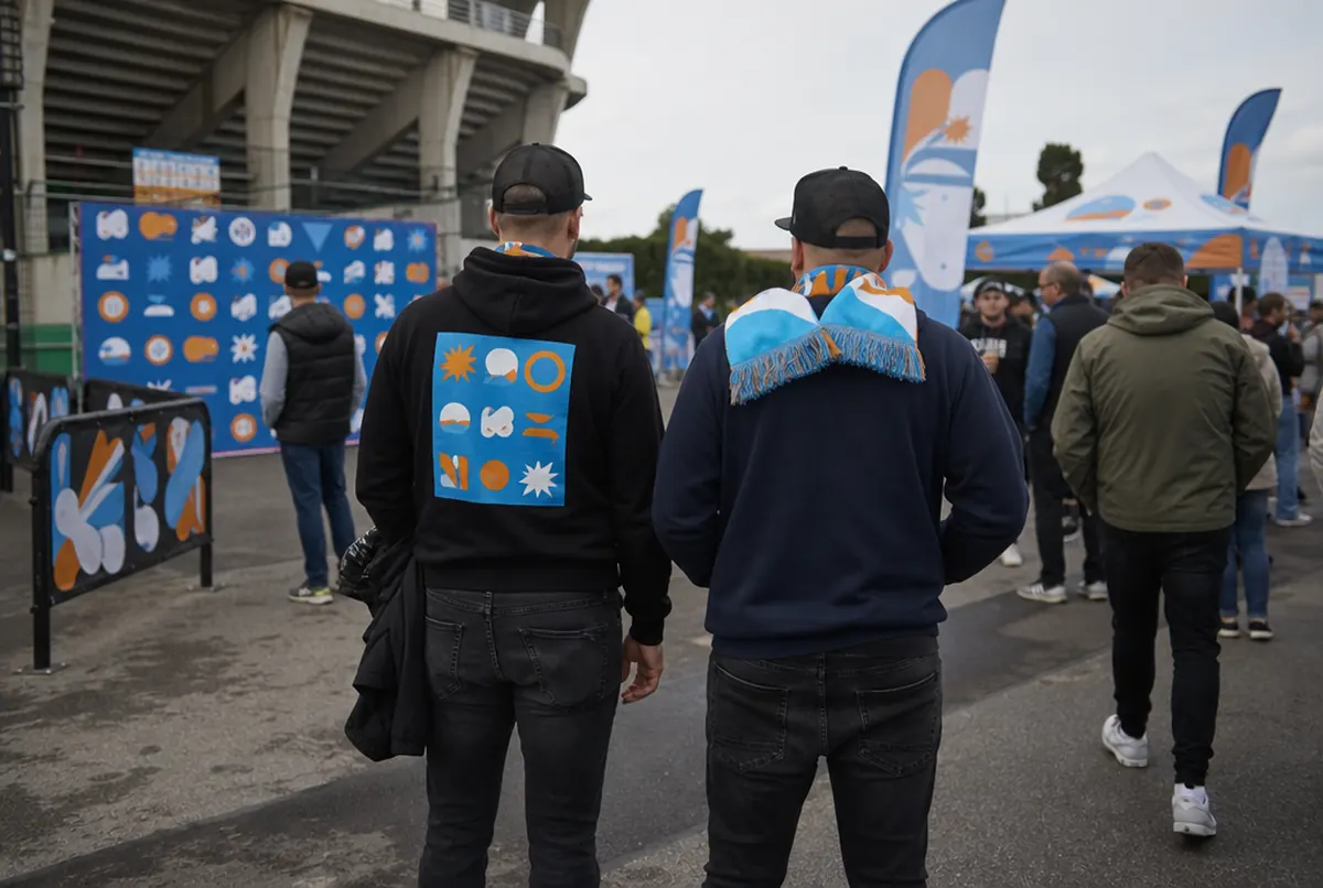 Ścianka sponsorska, beachflagi i namiot strefy kibica w dniu meczu