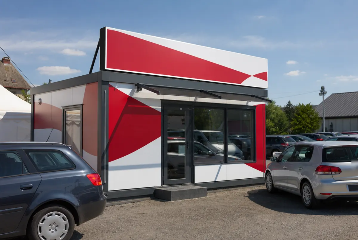 Kontener biurowy komisu samochodowego oklejony grafiką z kasetonem