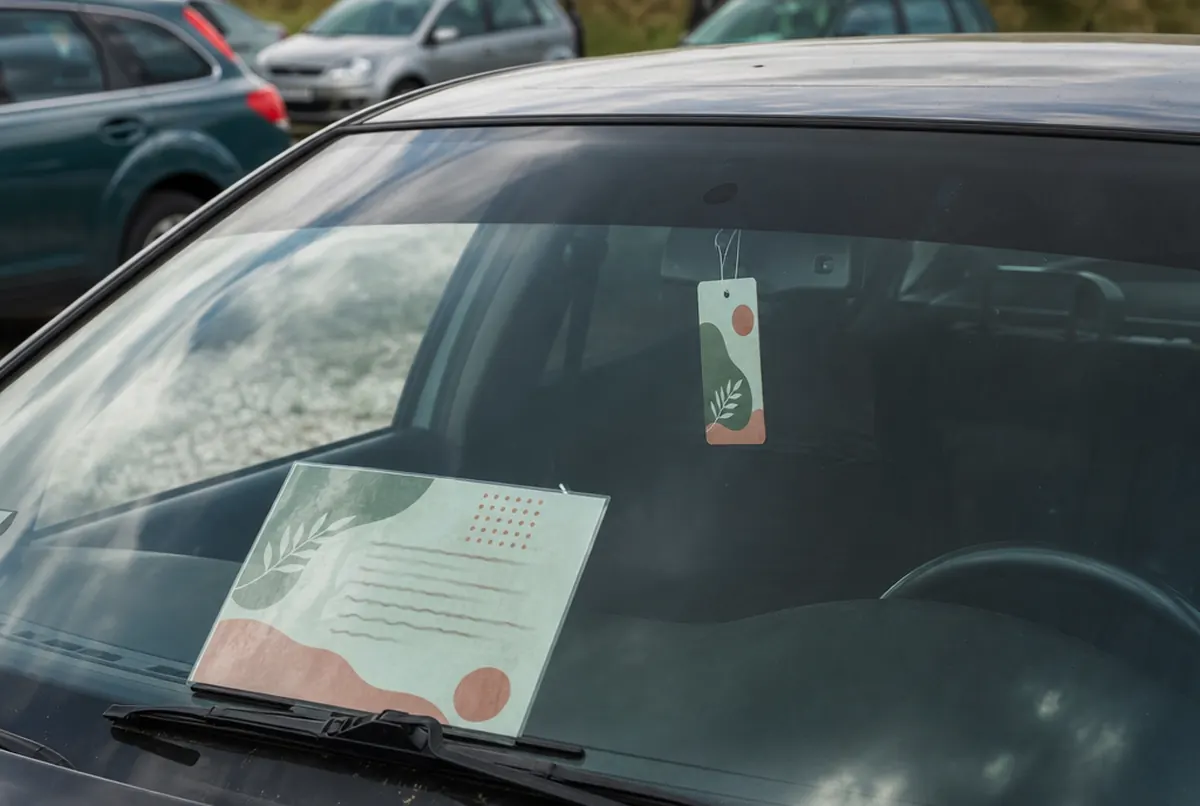 Karta cenowa za szybą i zawieszka na lusterku auta w komisie