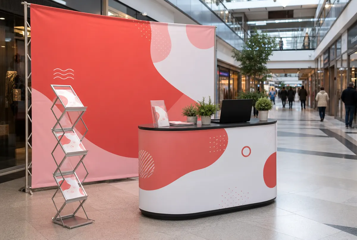 Wyspa promocyjna w pasażu galerii z ladą i ścianką tekstylną