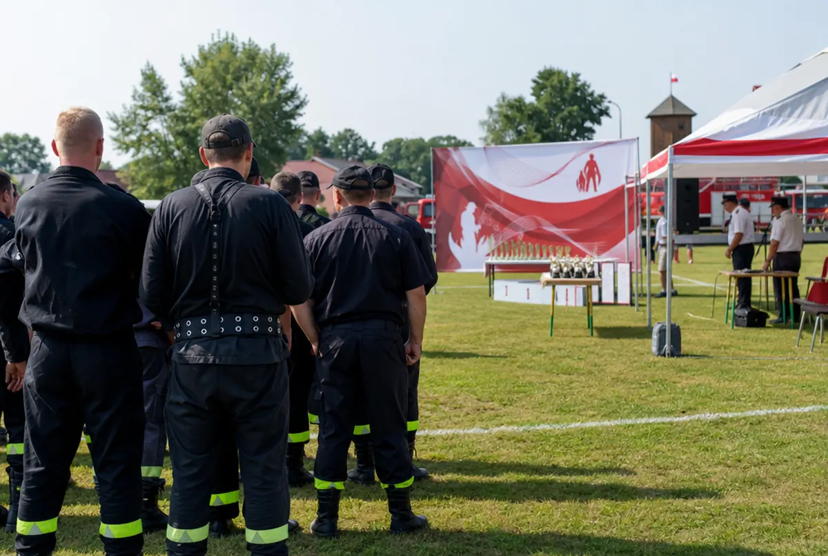 Zawody strażackie z banerem za podium, namiotem i pucharami