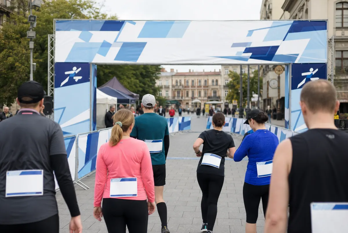 Brama start-meta, pokrowce na barierki i numery startowe na biegu