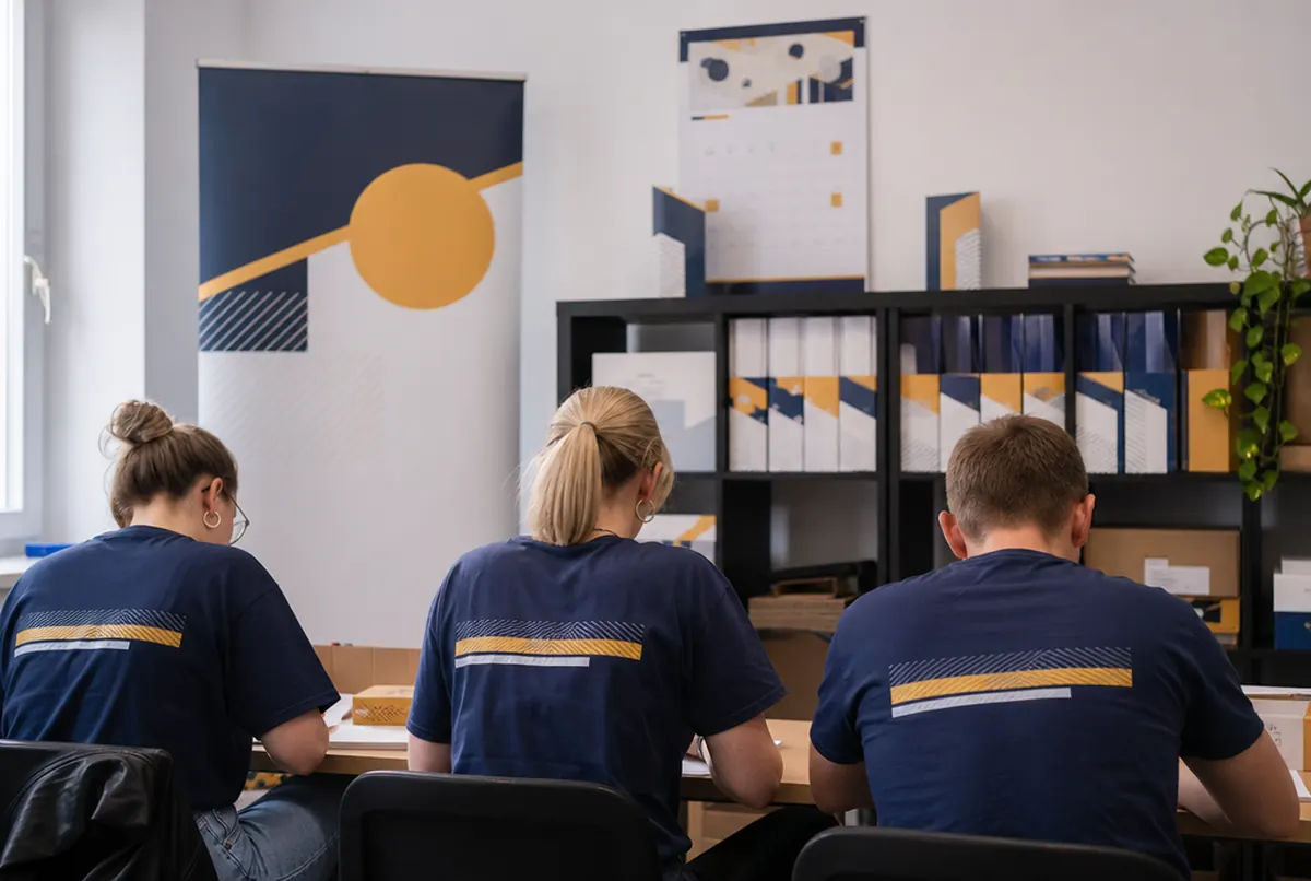 Biuro fundacji z roll-upem, kalendarzem ściennym i wolontariuszami w koszulkach