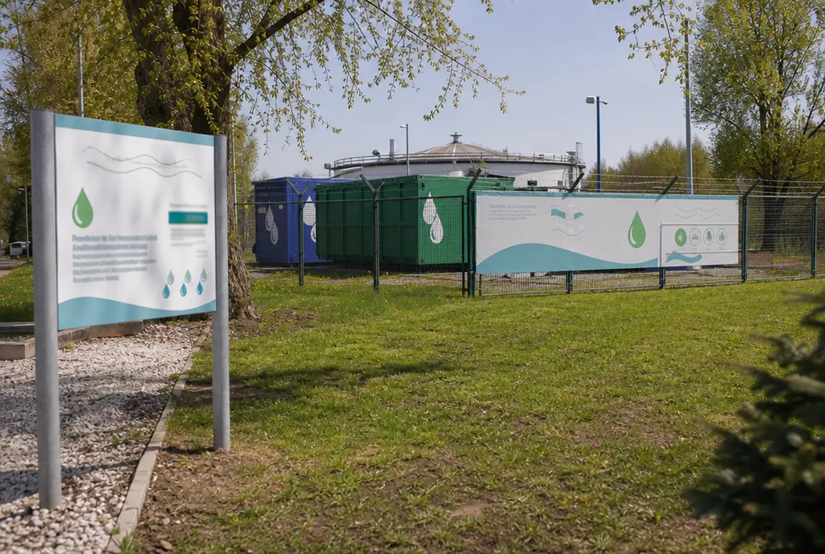 Ujęcie wody z tablicą informacyjną i banerem na ogrodzeniu