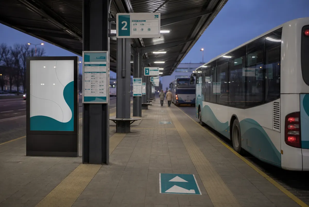 Dworzec autobusowy z oznakowaniem stanowisk i tablicami rozkładów