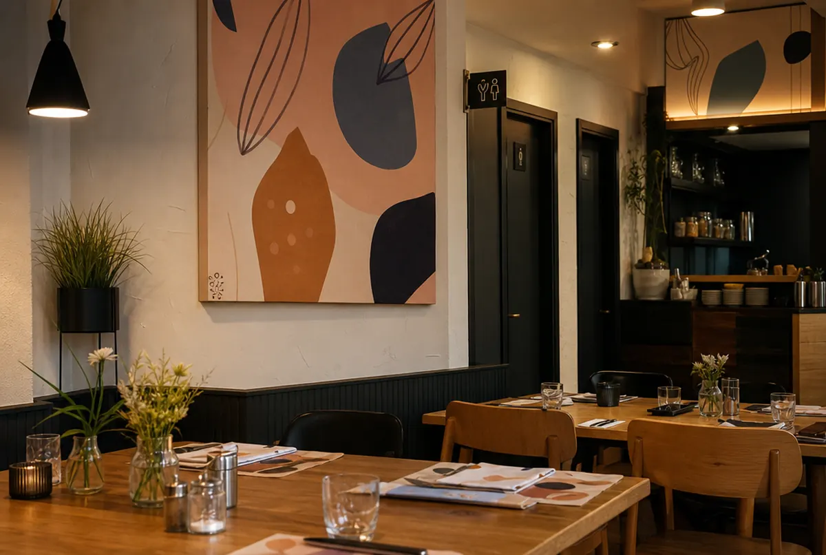 Sala restauracji z panelami akustycznymi z nadrukiem i tabliczkami