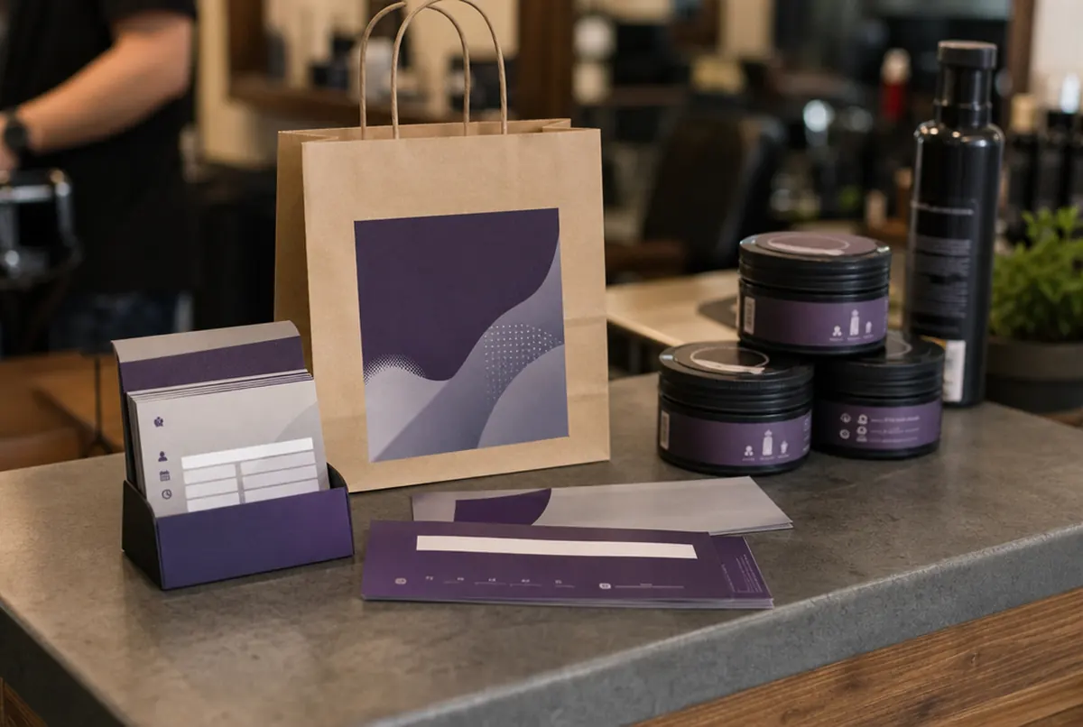 Wizytówki z terminem, vouchery i produkty z naklejkami w salonie barberskim