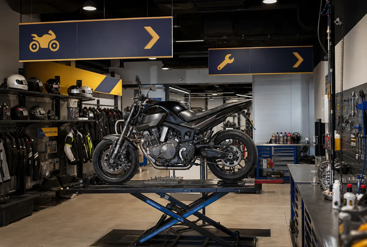 Strefa serwisu i części w salonie motocyklowym z oznakowaniem stref