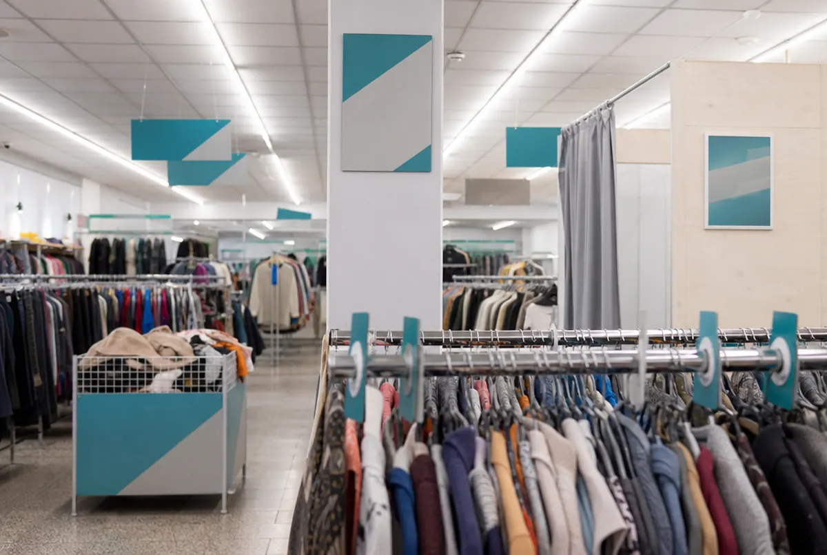 Sala sklepu second hand z tablicami działów i przekładkami rozmiarowymi