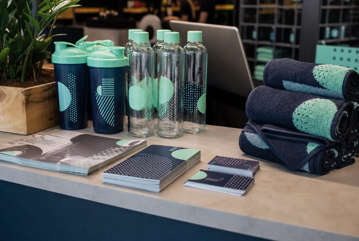 Shakery, bidony, karnety i ulotki na ladzie klubu fitness