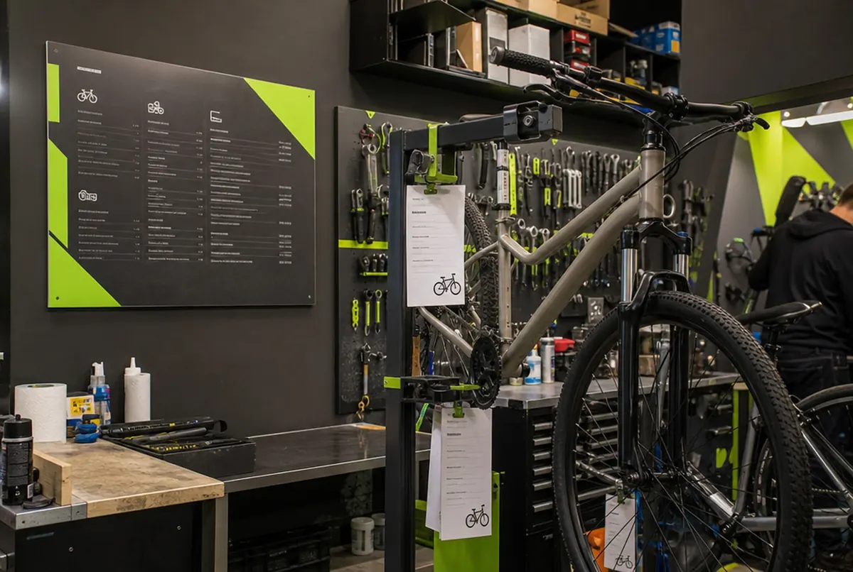 Serwis rowerowy z tablicą cennika i numerowanymi kwitami na rowerach