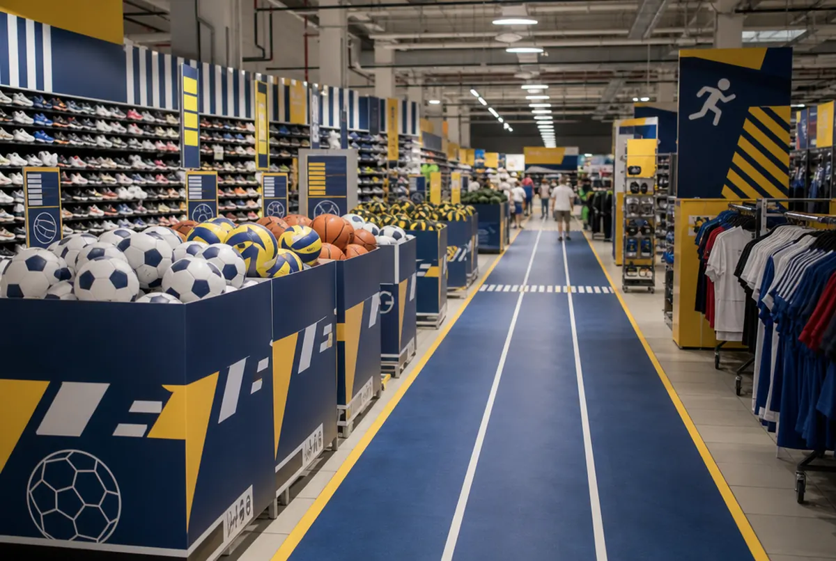 Kosze zasypowe z piłkami i grafika podłogowa w sklepie sportowym