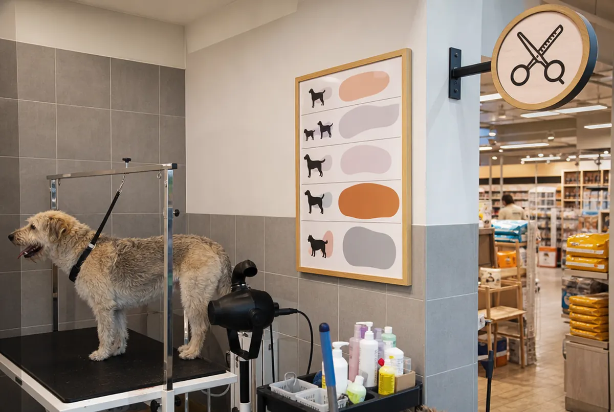 Salon groomerski w sklepie zoologicznym z cennikiem i tablicą z piktogramem