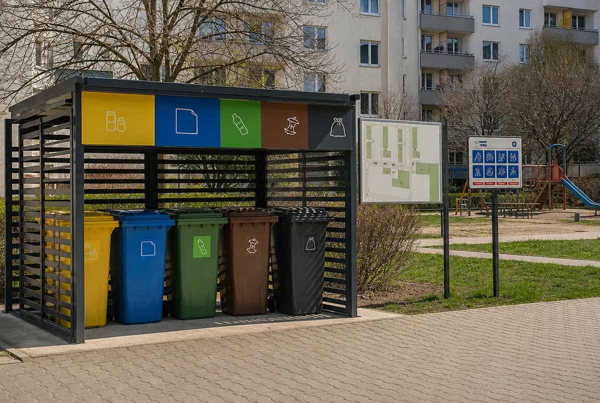 Naklejki do segregacji na altanie śmietnikowej i regulamin placu zabaw