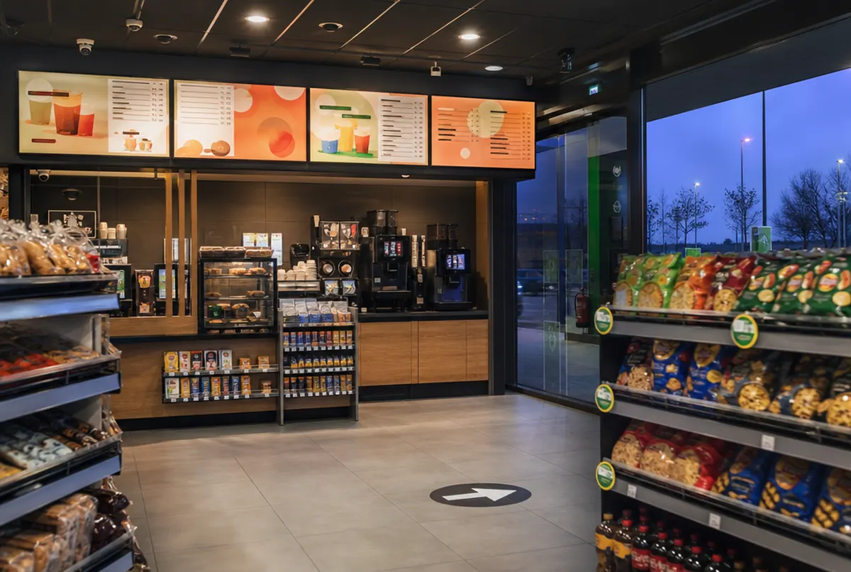 Sklep na stacji paliw z podświetlanym menu kawy i listwami cenowymi na regałach