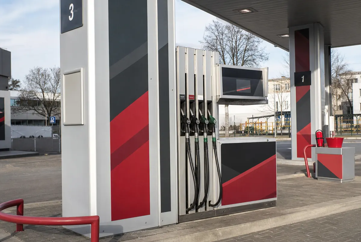 Oklejone słupy wiaty i wysepka dystrybutorów na stacji paliw