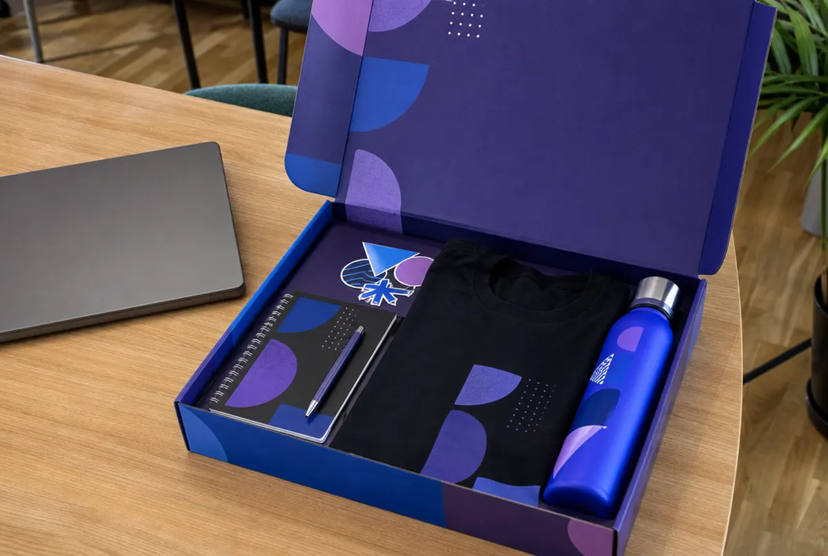 Welcome pack z koszulką, notesem i naklejkami dla nowego pracownika